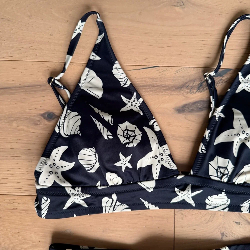 MeUndies Seashell Starfish Bikini Set Black White High Waist Size Small