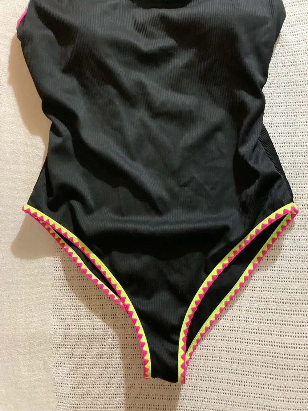 Popvil One Piece Swimsuit with Neon Contrast Binding, Black