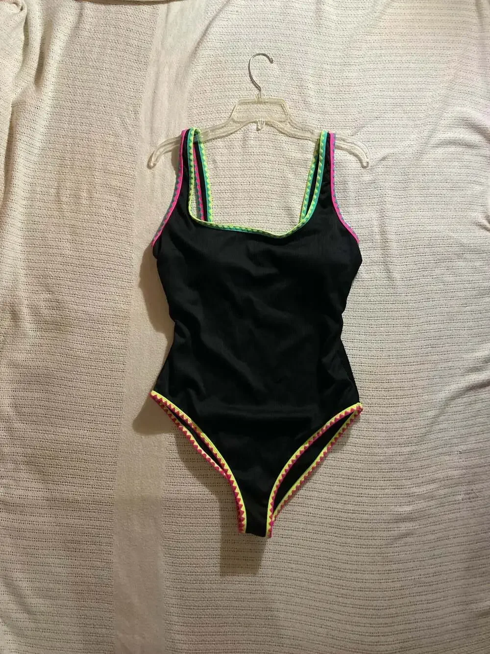 Popvil One Piece Swimsuit with Neon Contrast Binding, Black