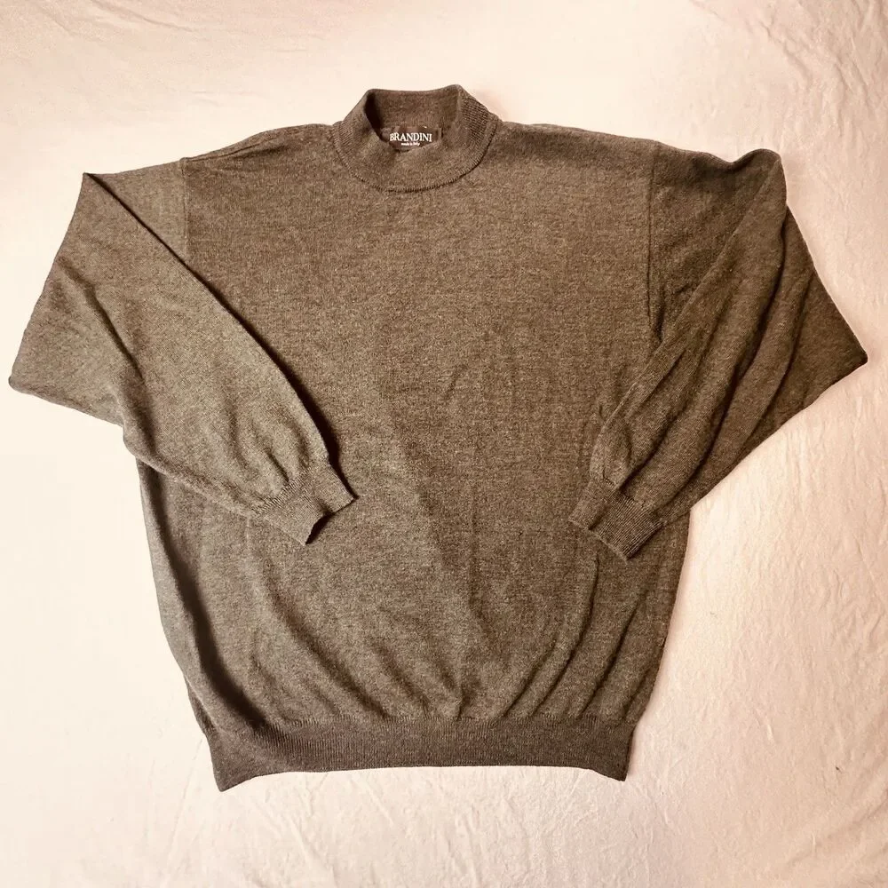 Brandini Made In Italy Merino Wool Mens L Mock Neck Sweater Green