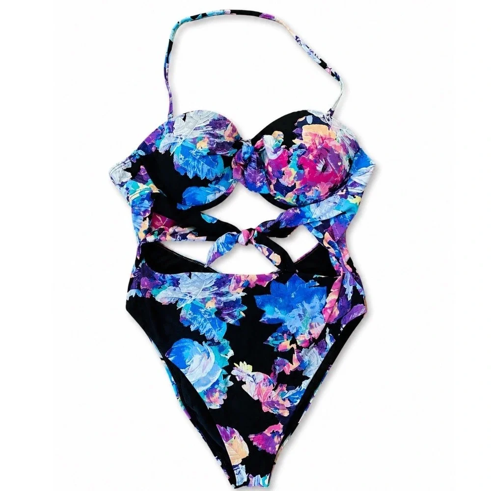 Bar‎ III Womens Floral Monokini Swimsuit Black Pink Blue Cutout Halter XL