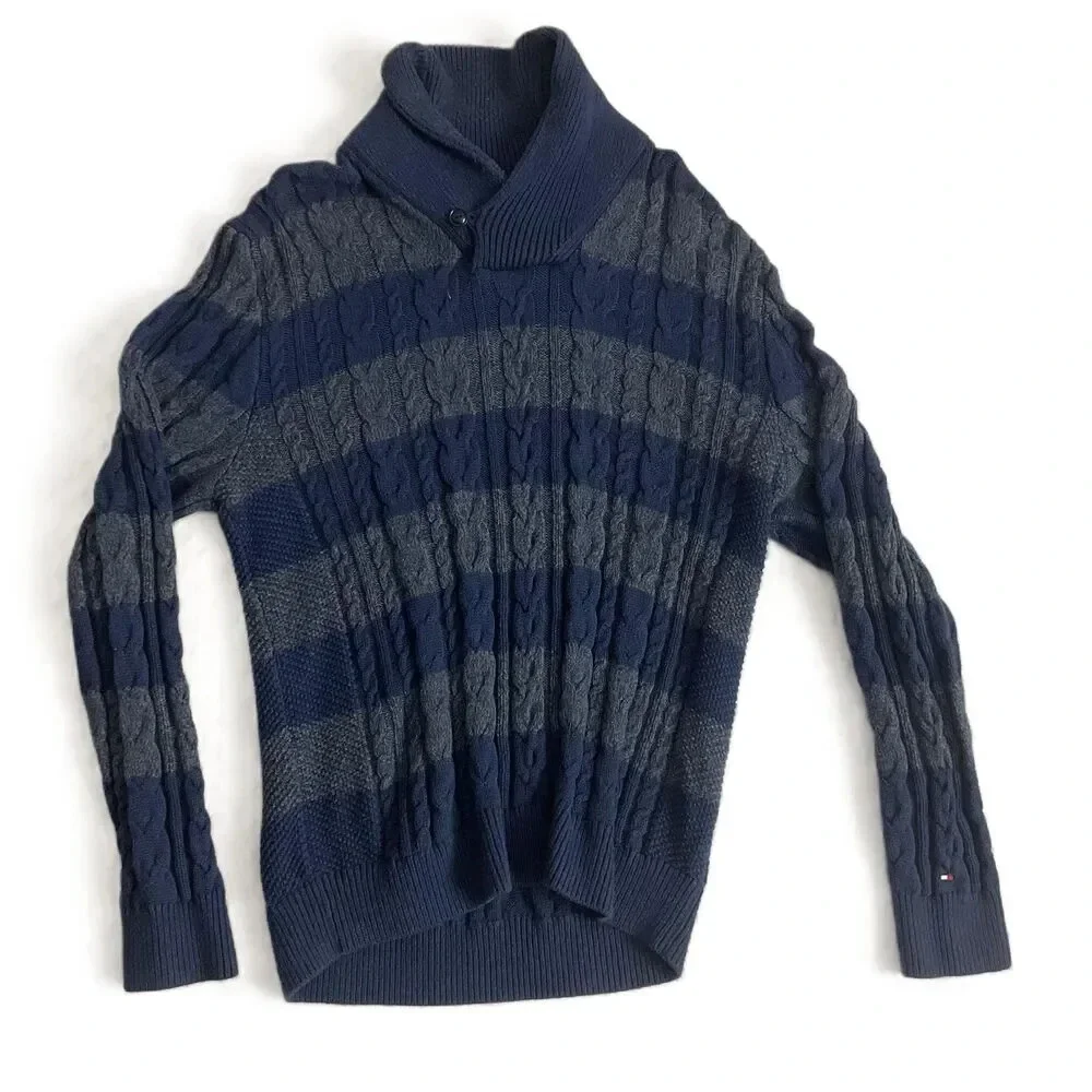 Tommy Hilfiger Blue‎ Grey Fisherman Cable Knit Shawl Sweater Extra Large