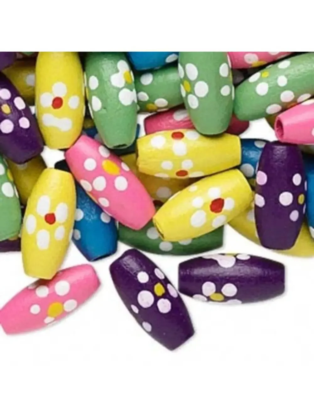 100 Mixed Colors Hand Painted Flowers 15mm Oval Wood Beads