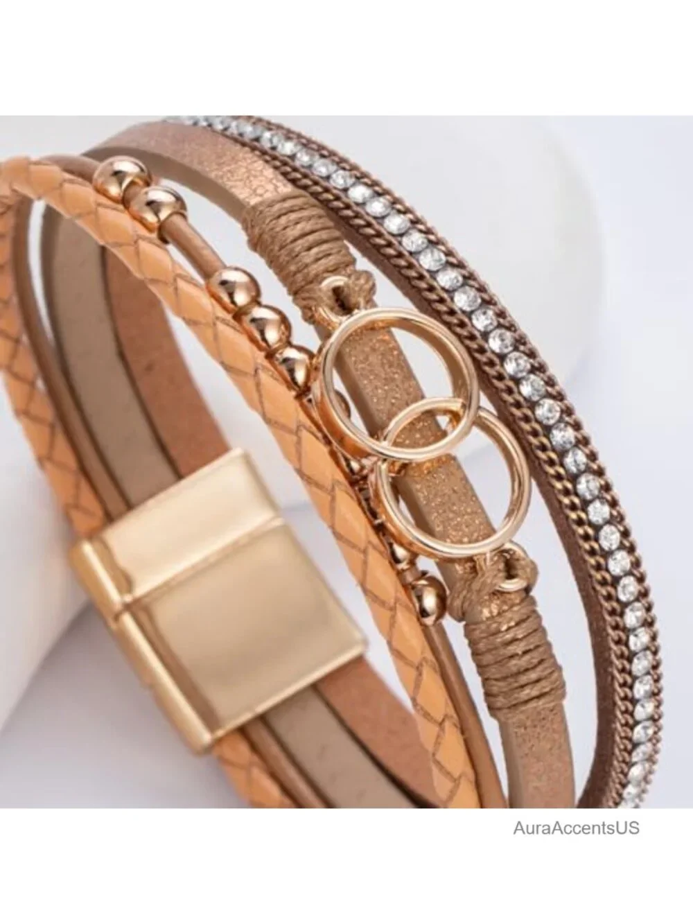 Boho Leather Wrap Bracelet Stackable 4-in-1 Infinity Charm Magnetic Clasp
