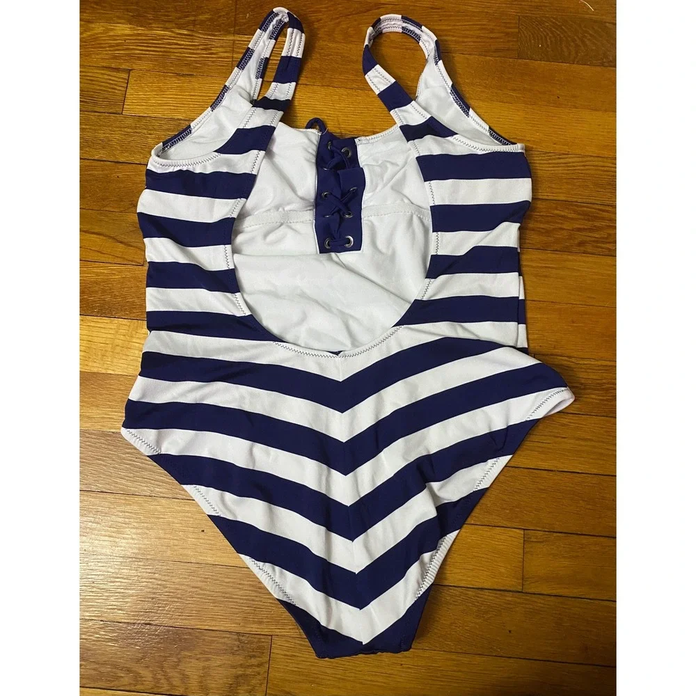 Mossimo Women Blue White Striped Lace Up One Piece Swimsuit Cutout Back