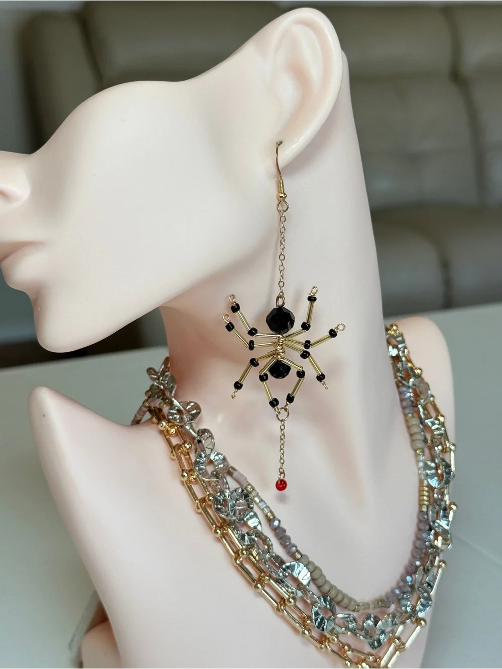 Gold and Black Beaded Spider Dangle Earrings