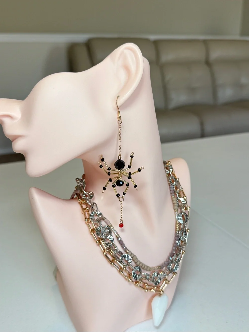 Gold and Black Beaded Spider Dangle Earrings