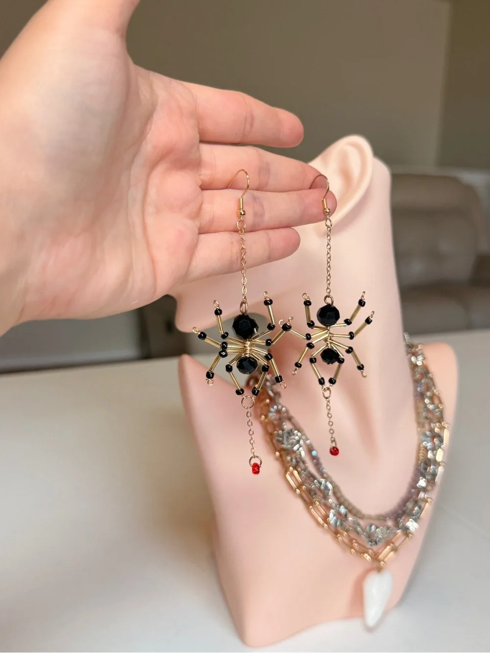 Gold and Black Beaded Spider Dangle Earrings