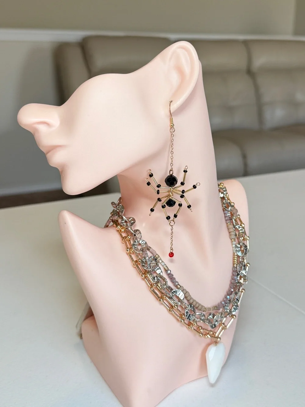 Gold and Black Beaded Spider Dangle Earrings