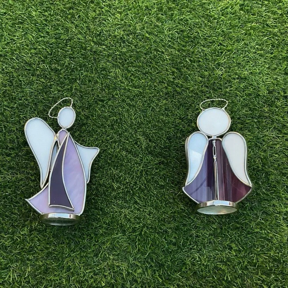 Set of 2 Stained Glass Angel Ornaments Purple White Silver Tone Christmas Decor