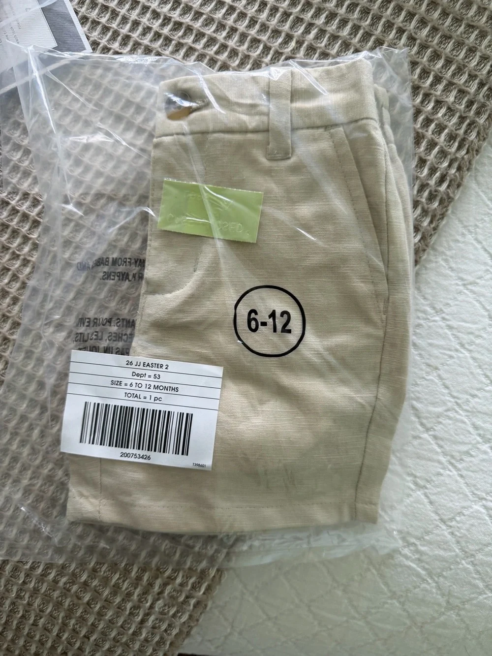 Jamie and Jack 6 to 12 month boys cream colored shorts new with tag