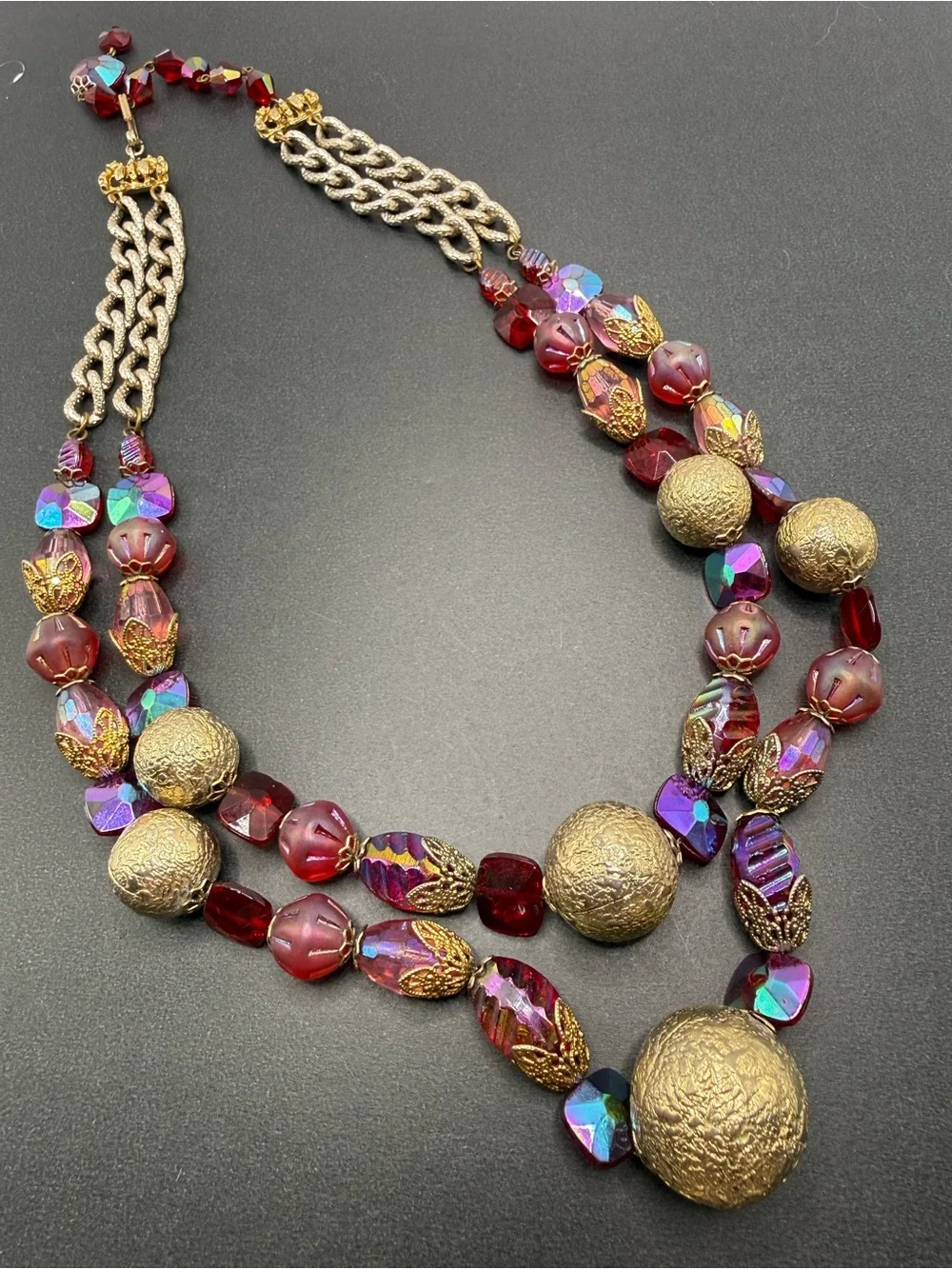 Vintage Signed Hobe Red Aurora Borealis Bead Necklace 18” + Extender