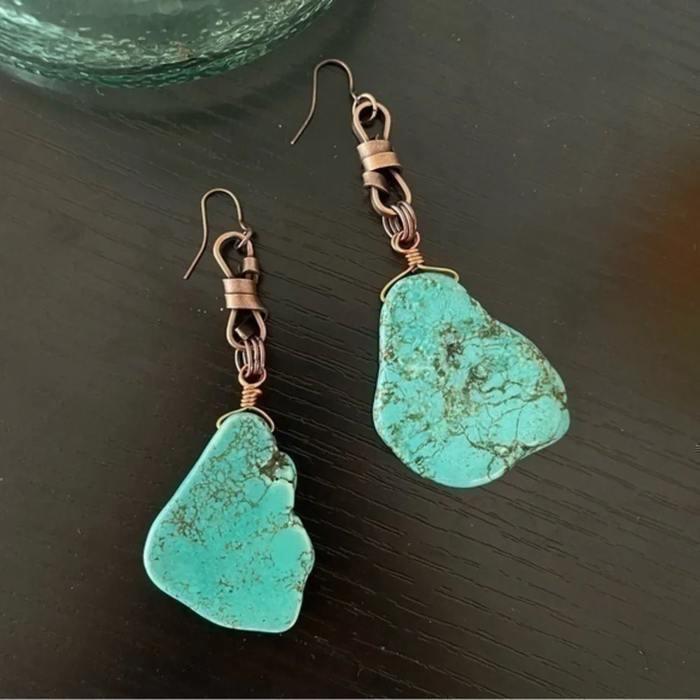 2/$49 Handmade Blue Imperial Jasper Mixed Copper Statement Earrings 4” Gift West