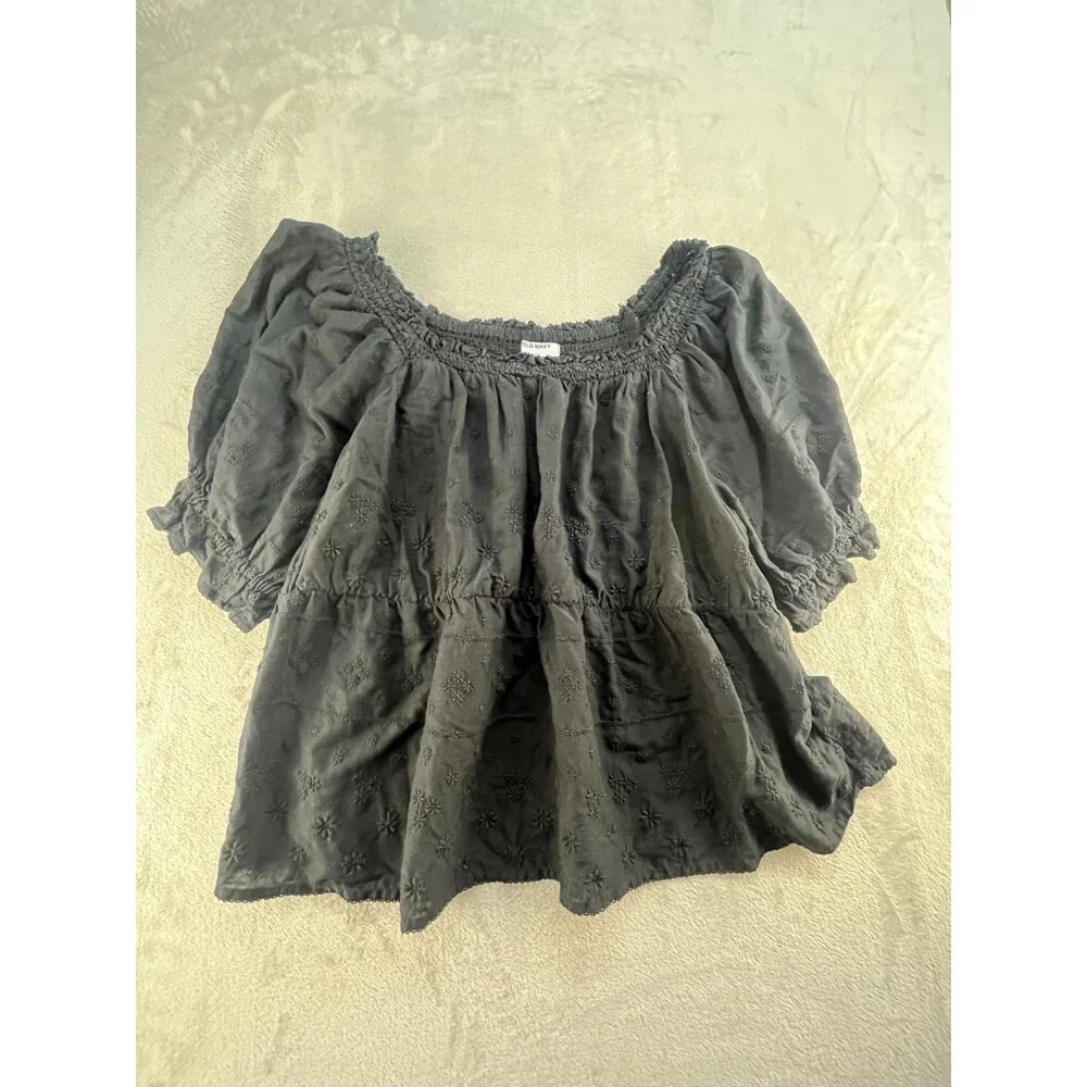 Old Navy Blouse Womens 2X Black Floral Embroidered Puff Sleeve Off the Shoulder