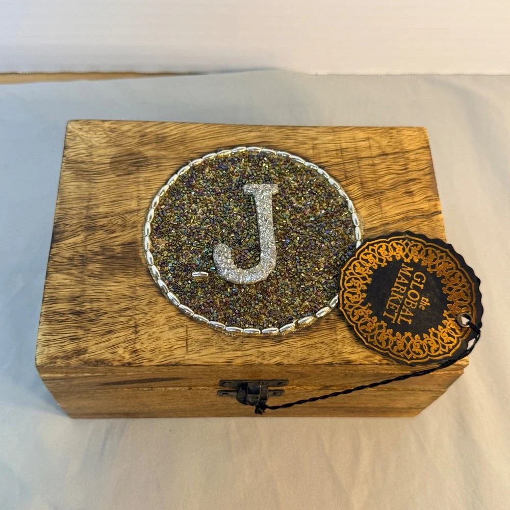 Home Essentials The Global Market Wooden Trinket Box Beaded Initial J Keepsake