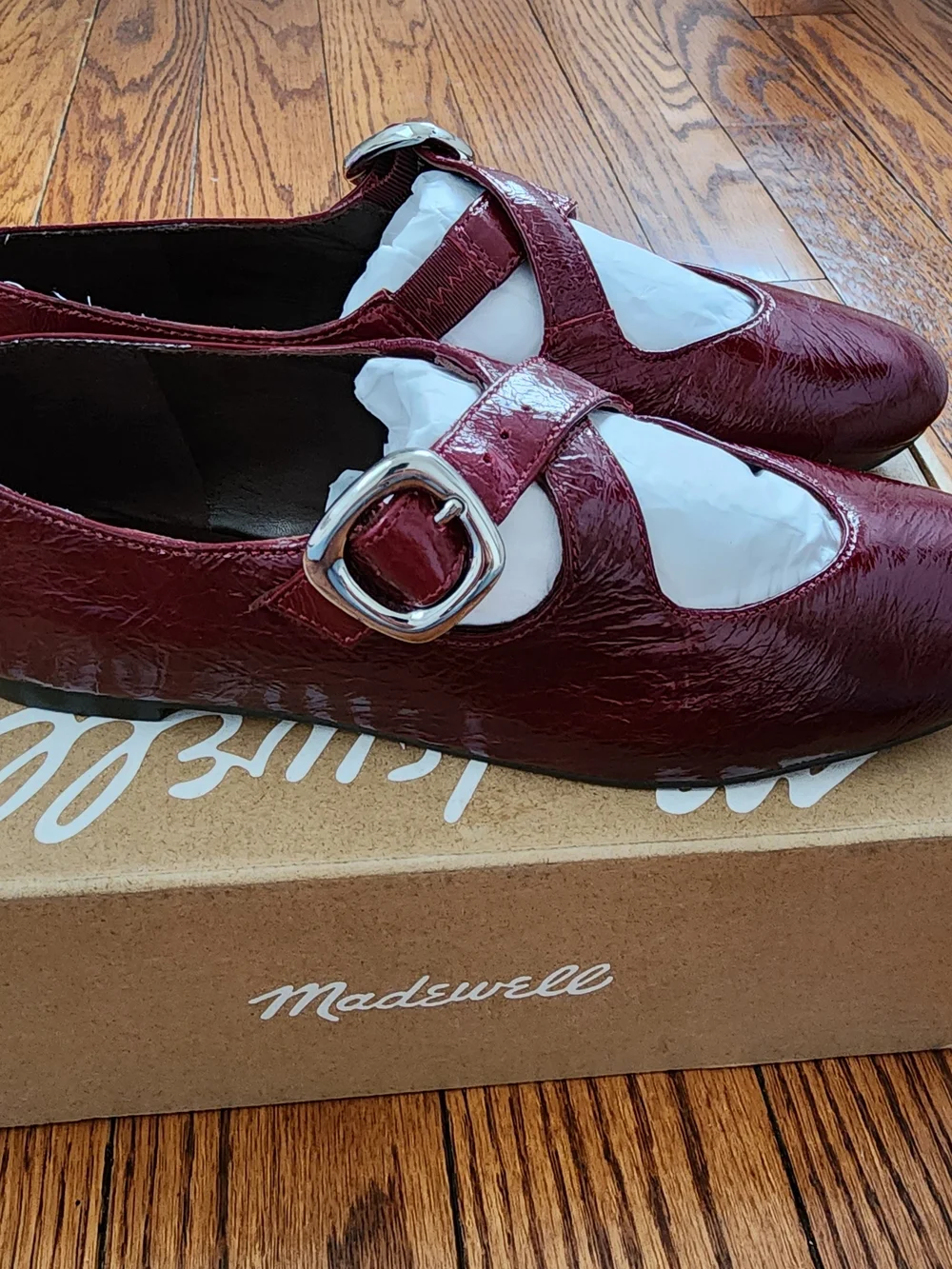 Madewell Remy Crinkled Patent Leather Mary Jane Flat 7 Wine Burgundy Balletcore