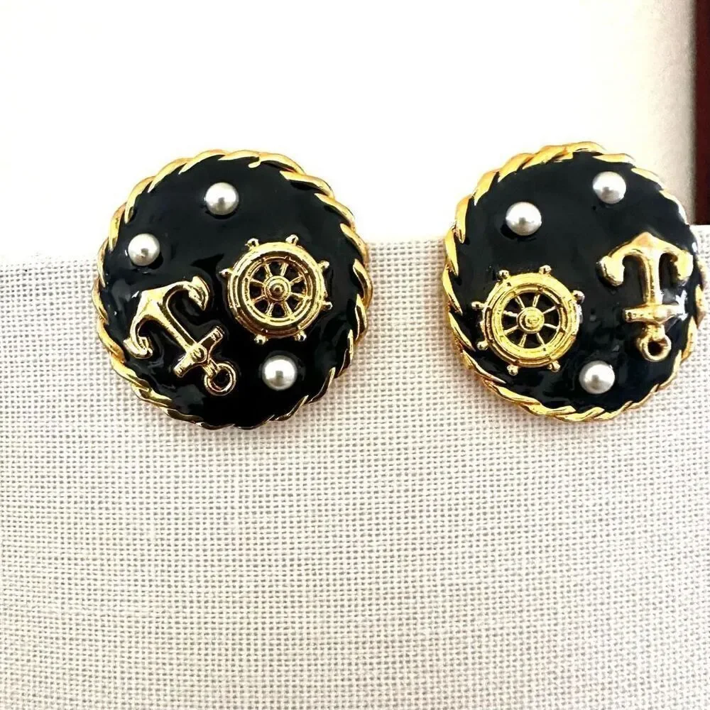Navy round nautical clip earrings next part