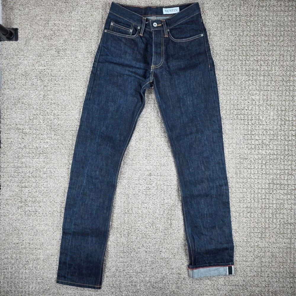 Gustin Mens Raw Selvedge 28x34 Denim Jeans Slim Fit Dark Wash Indigo Made in USA