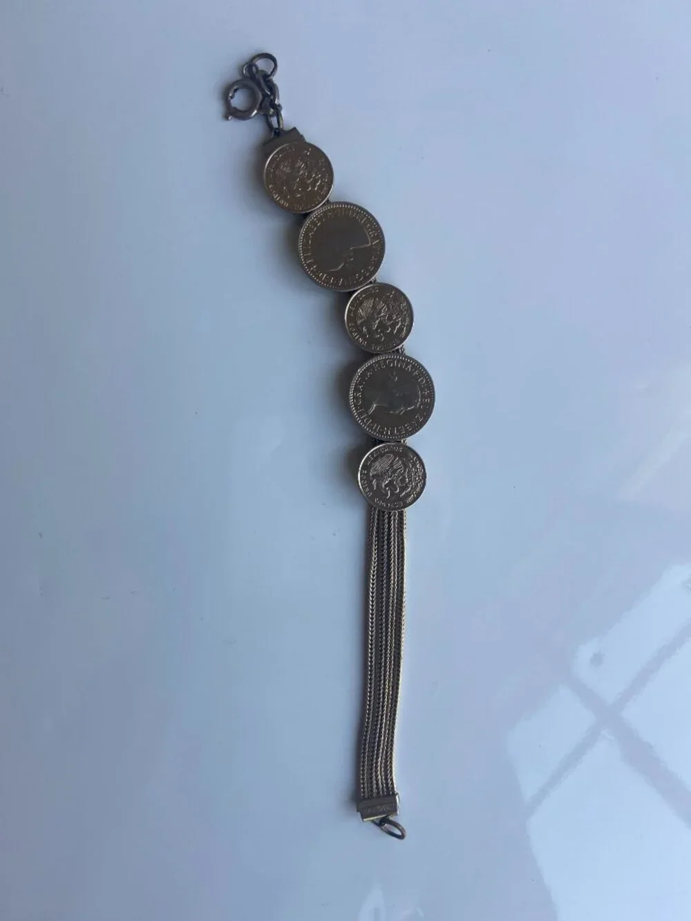 Vintage British & Mexican Coin Bracelet 1956 Queen Elizabeth II 5 Strand 7.5”