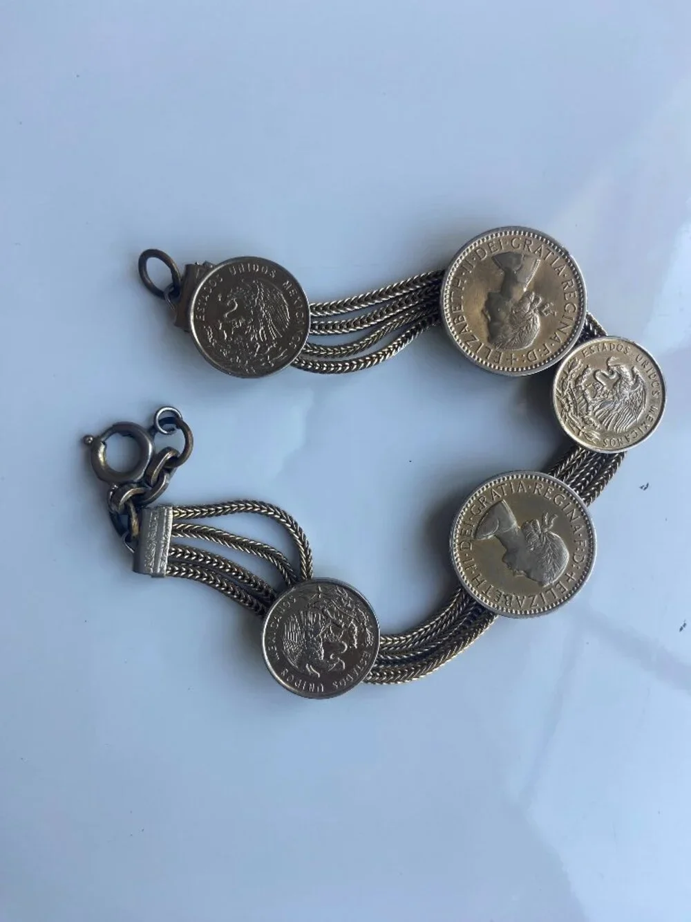 Vintage British & Mexican Coin Bracelet 1956 Queen Elizabeth II 5 Strand 7.5”