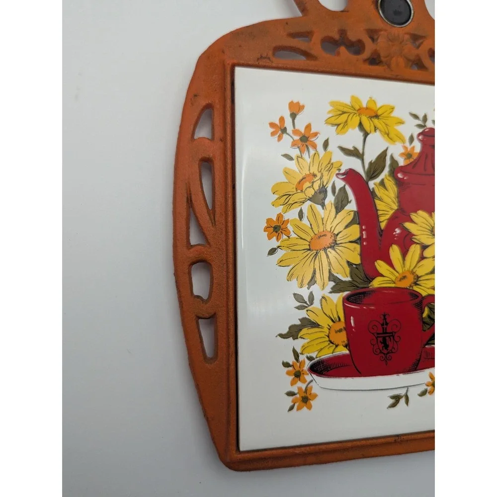 Vintage Orange Cast Iron Trivet‎ Hot Pad Red Teapot Yellow Floral FM Japan