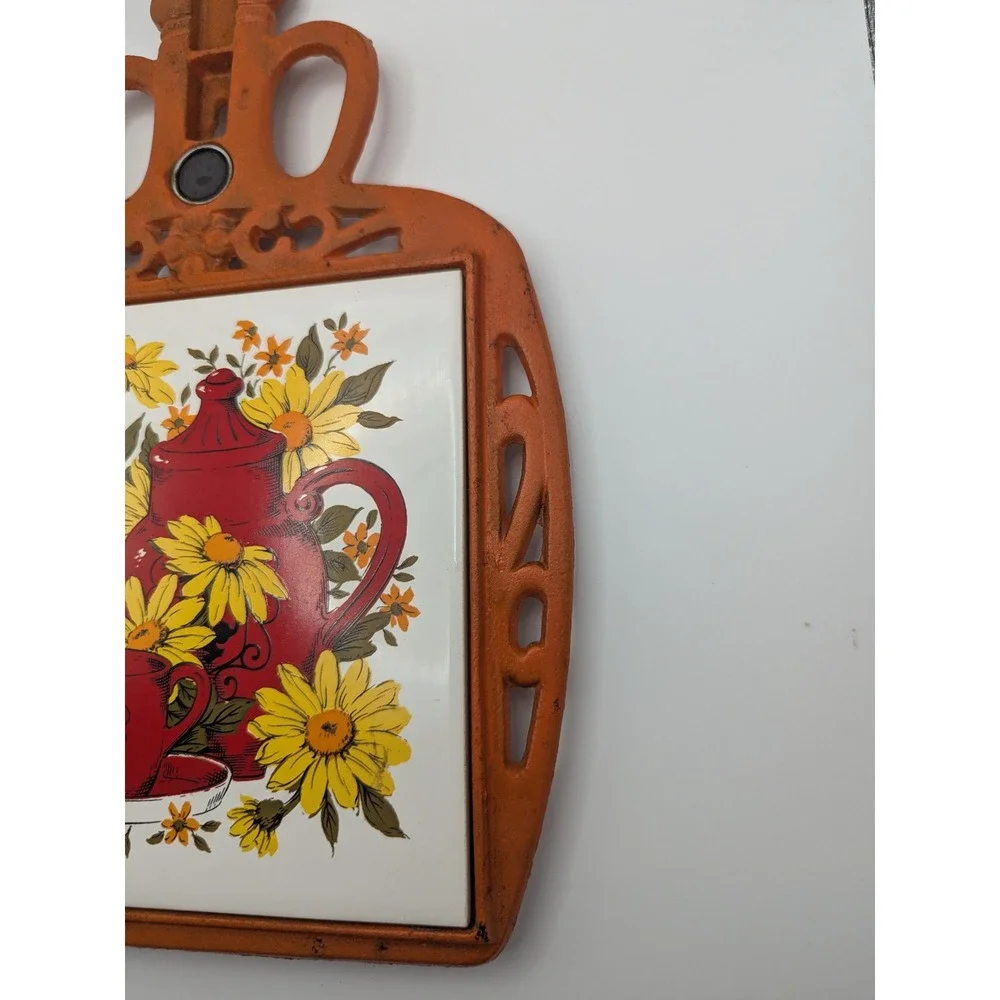 Vintage Orange Cast Iron Trivet‎ Hot Pad Red Teapot Yellow Floral FM Japan