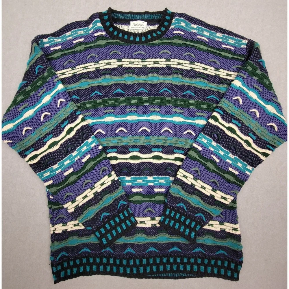 Protegé Sweater Men Large Purple 3D Knit Textured Classic Fit Crew Neck Pullover