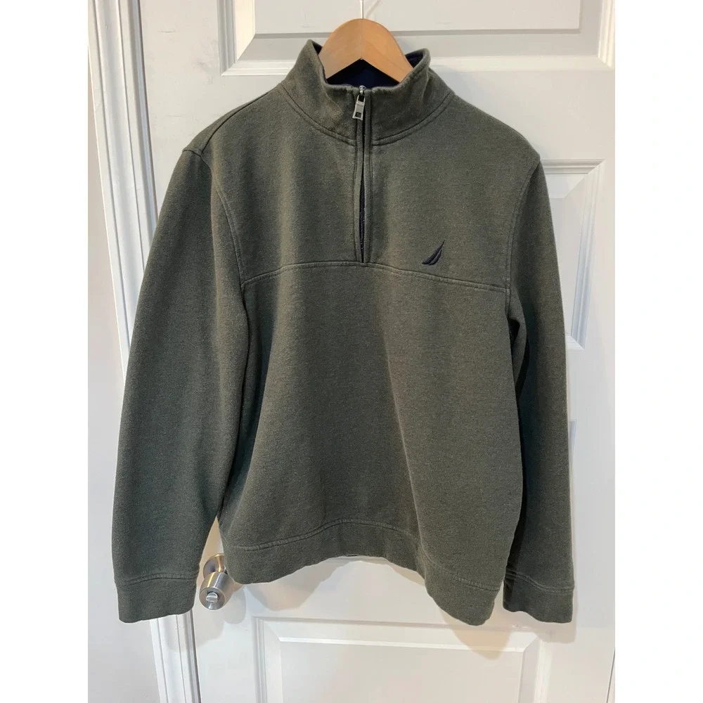 Nautica Mens J-Class Quarter Zip‎ Pullover Sweatshirt Olive Green Fleece Sz. M