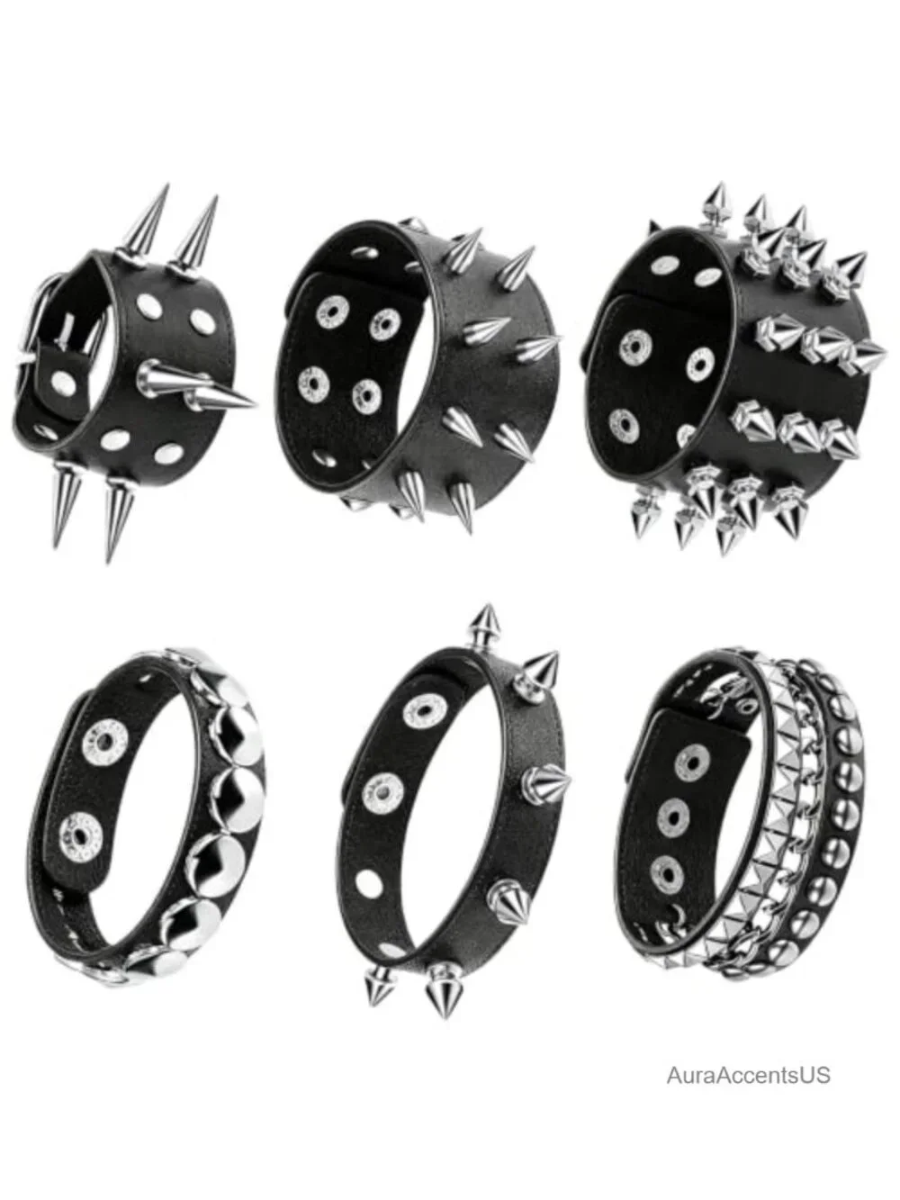 Punk Studded Leather Cuff Bracelets - Adjustable Gothic Spike Wristband Set
