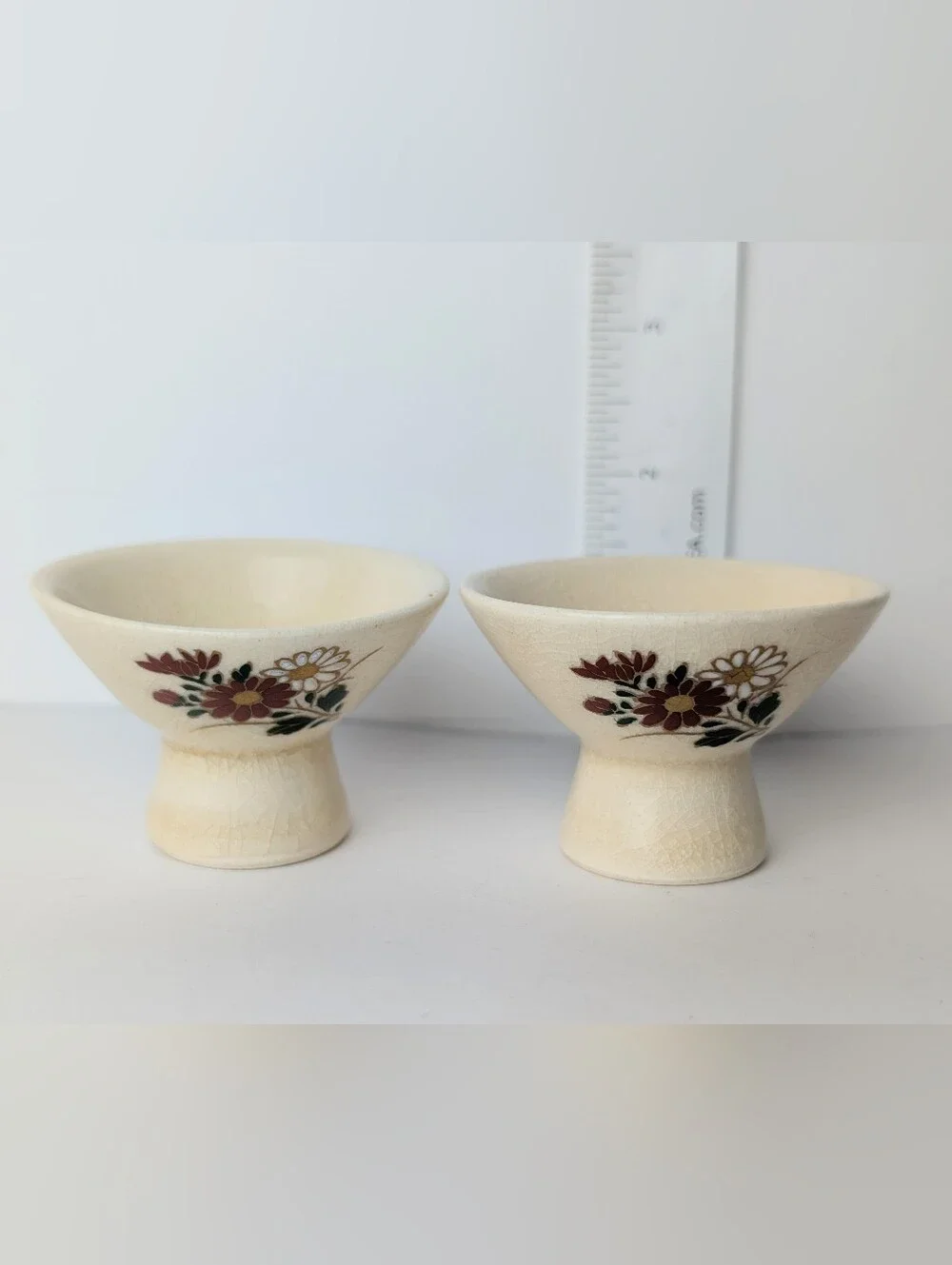 Cream‎ Floral Pedestal Sake Cups Japan Bowls - Set of 2 Tea Mid-century Rare