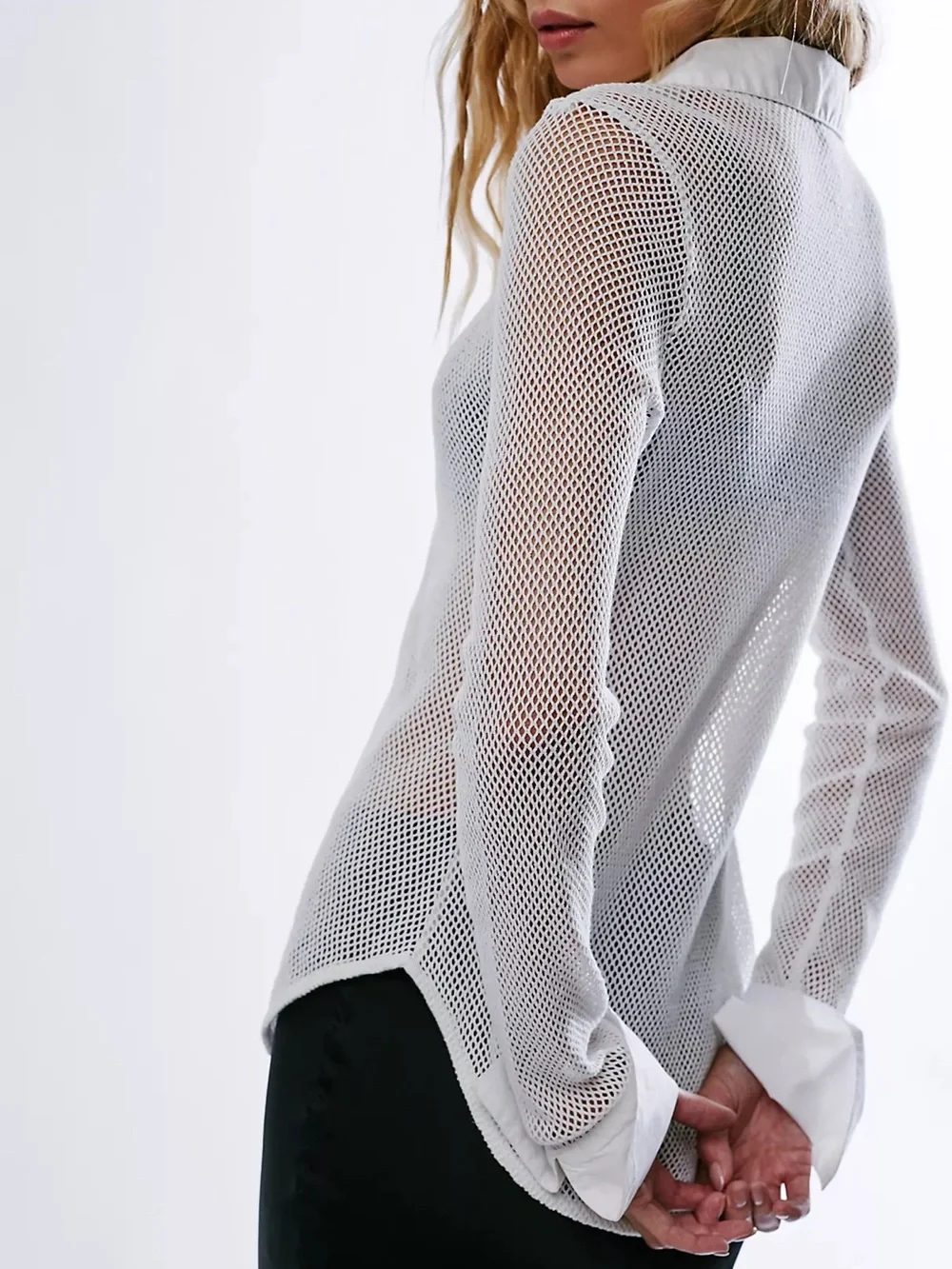 Free People White Siggi 100% Cotton Open Knit Lace Button Down Shirt Size XL