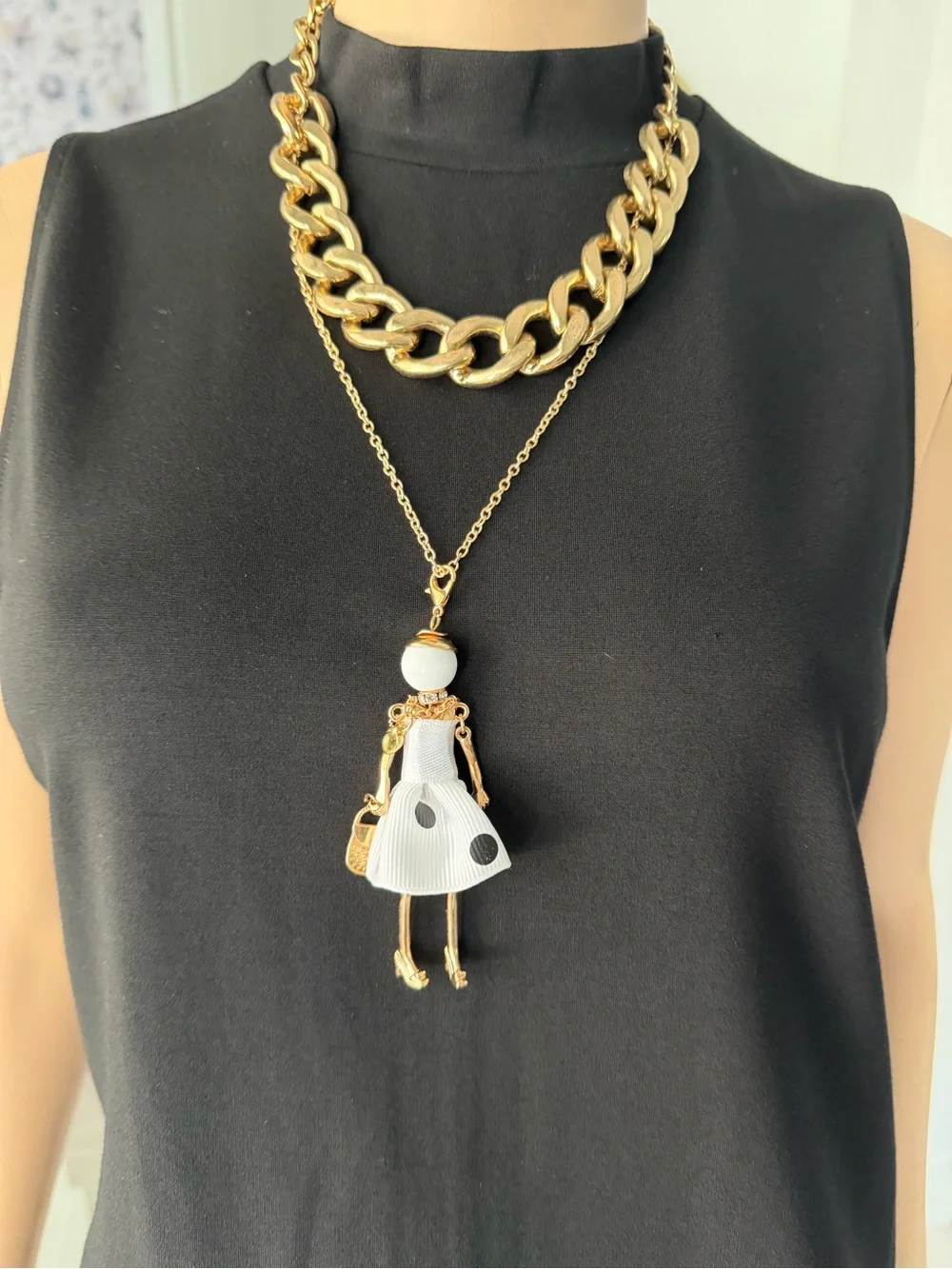 Gold-Tone Doll Pendant Necklace with White Polka Dot Dress - Women Jewelry