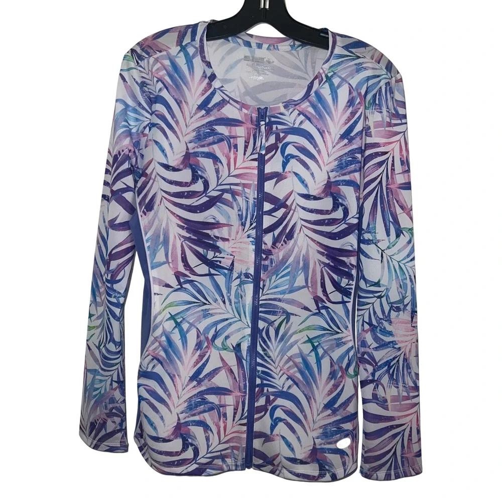 Reel Legends Womens Large Rashguard Zip Front‎ Long Sleeve Tropical Palm Print