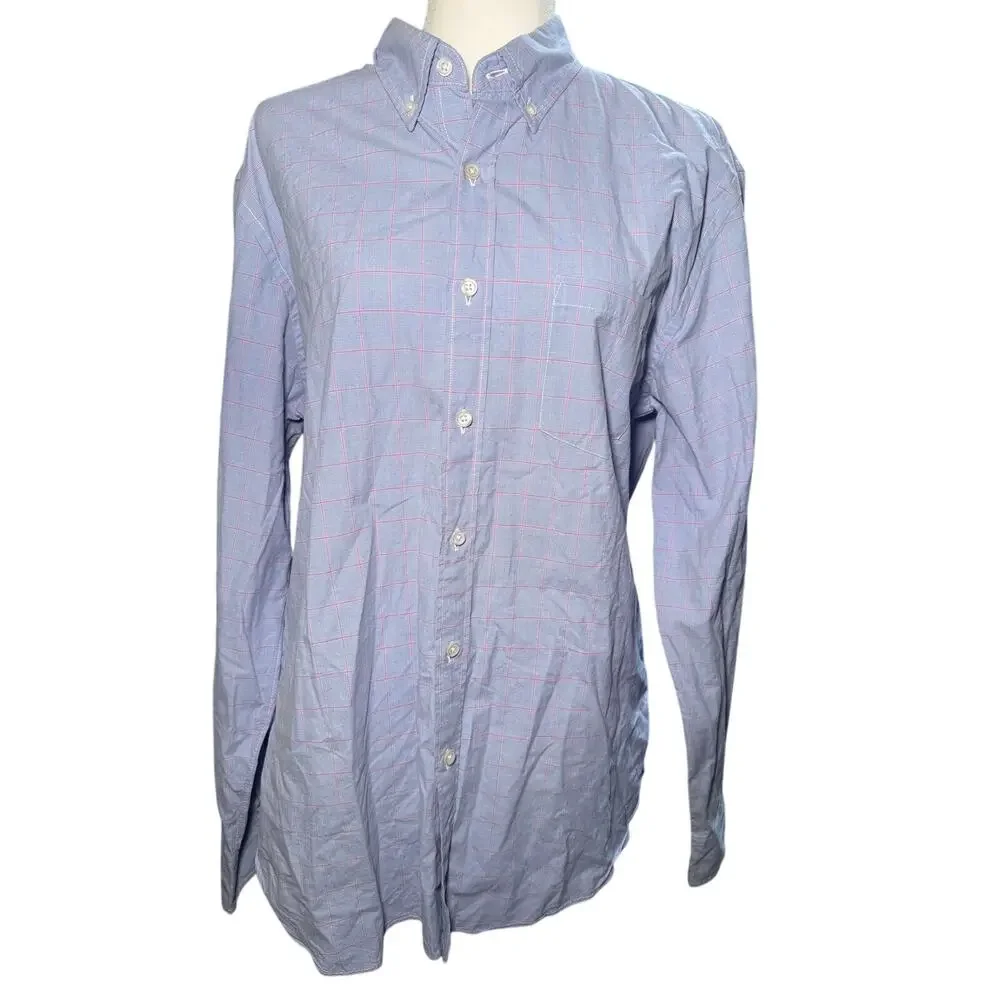 J.Crew Blue Red Plaid Check Button Down Long Sleeve Shirt, Cotton, Men's Large