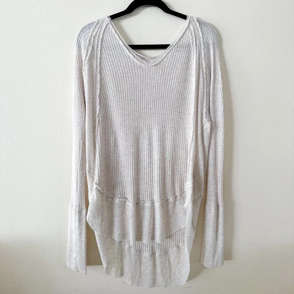 Free People Catalina Beige Waffle Knit VNeck Thermal Top Tunic Raw Seam Relaxed‎