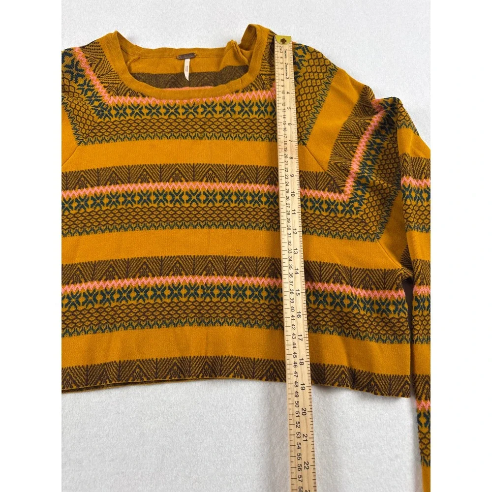 Free People Mustard Yellow Fair Isle Cropped Sweater Long Sleeve XS