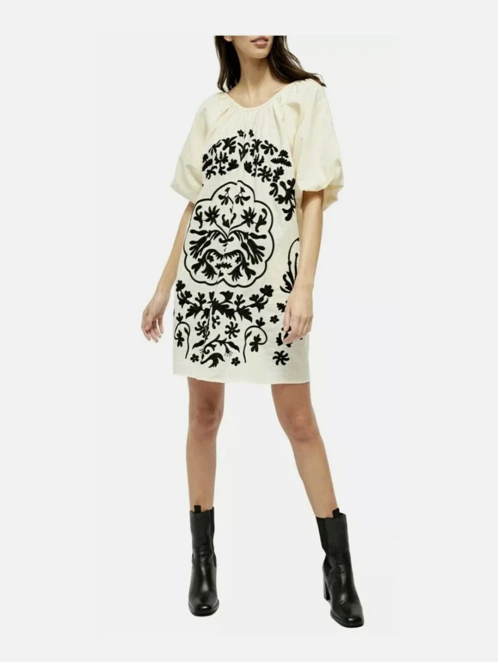 Free People Fiona Embroidered Mini Dress‎ Size M Linen Cream Black