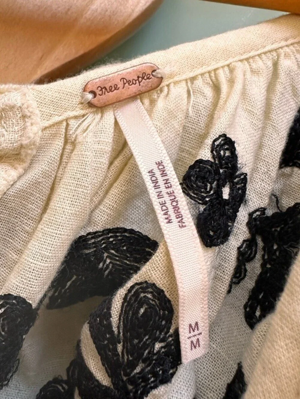 Free People Fiona Embroidered Mini Dress‎ Size M Linen Cream Black