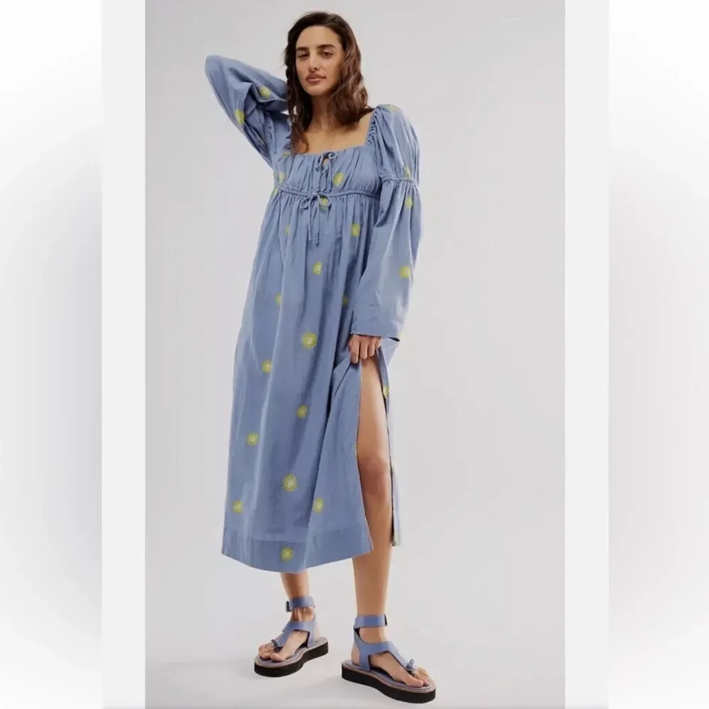 Free People Emory Dress Embroidered Sun Midi Size Medium Blue New