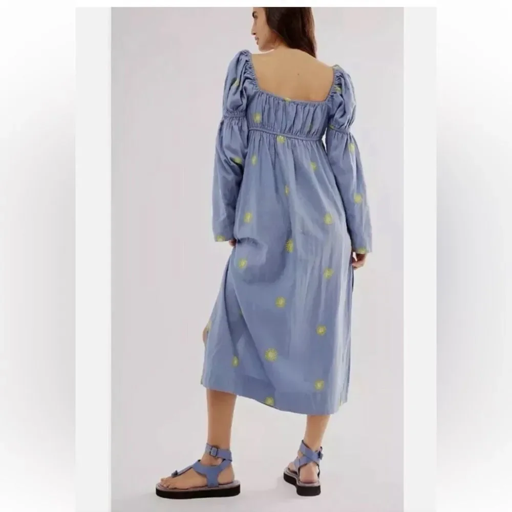 Free People Emory Dress Embroidered Sun Midi Size Medium Blue New