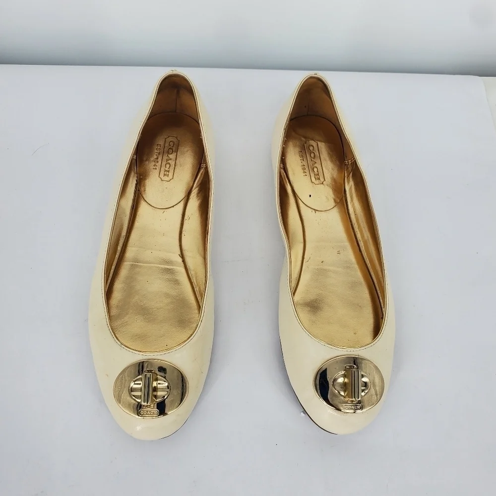 Coach Shoes Women 6B Judyann Patent Leather Flats Q429 White Gold