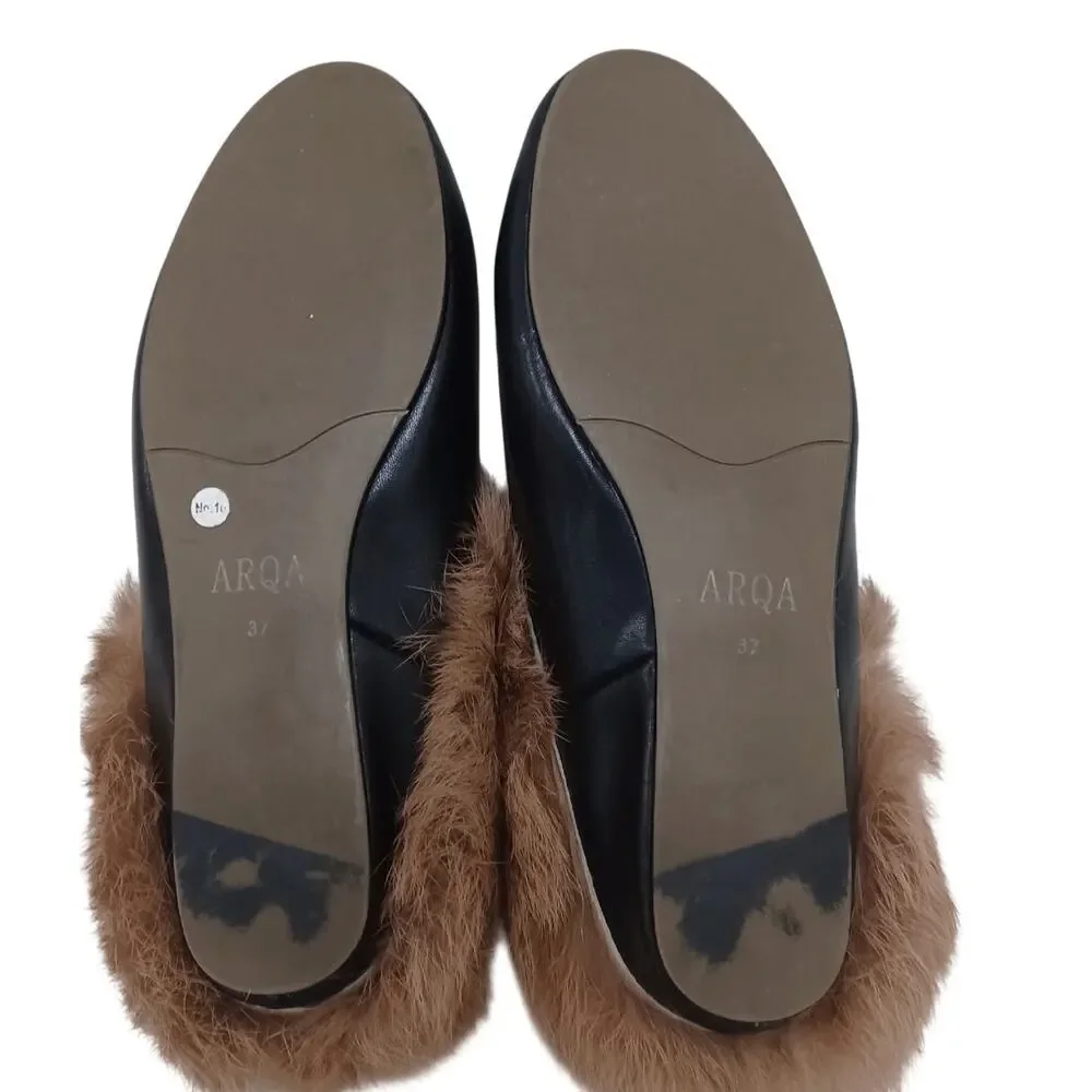ARQA Black Leather Rabbit Fur Lined Backless Mules EU 37