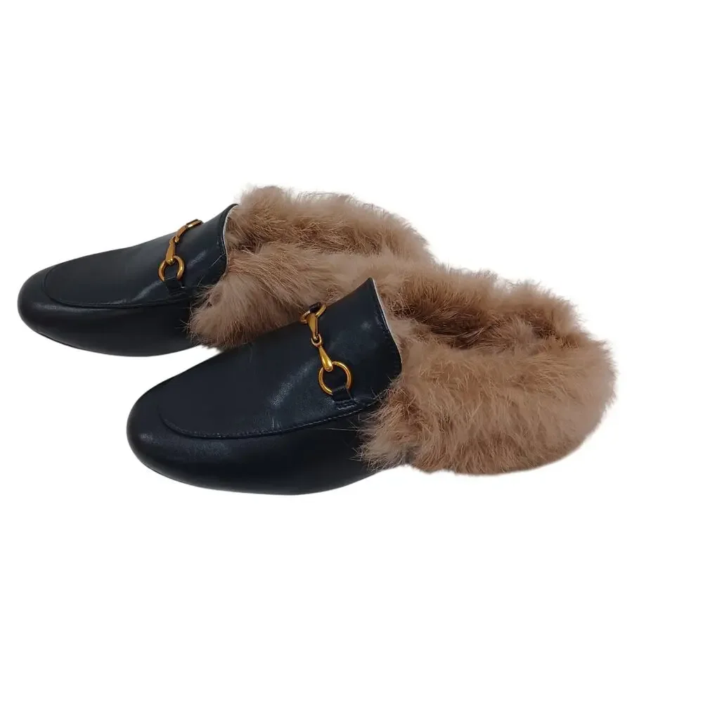 ARQA Black Leather Rabbit Fur Lined Backless Mules EU 37