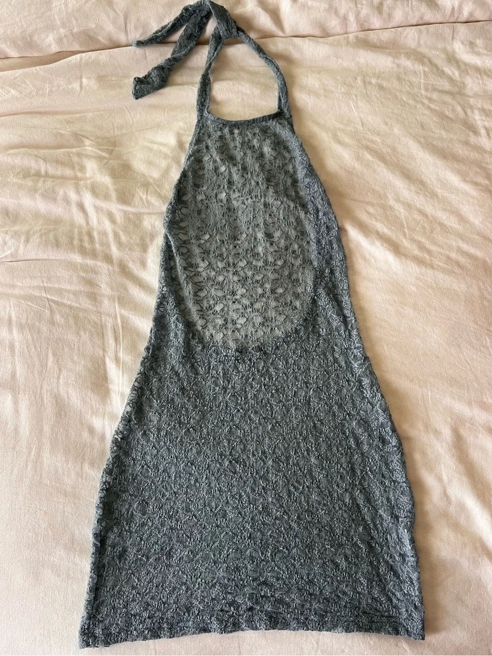 Luna B Oasis Dress Dusty Blue Sheer Lace Halter Backless Fitted Mini Size XS/S