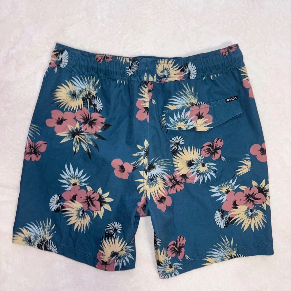 RVCA‎ Boardshorts Mens Small Blue Floral Tropical VA Elastic Waist Swim Trunks