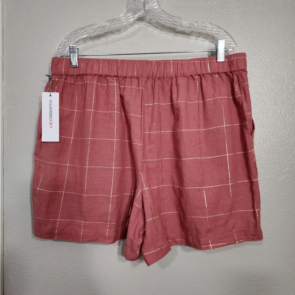 Liz Claiborne Size 14‎ Women's Rose Linen Blend Shorts Windowpane Plaid Summer
