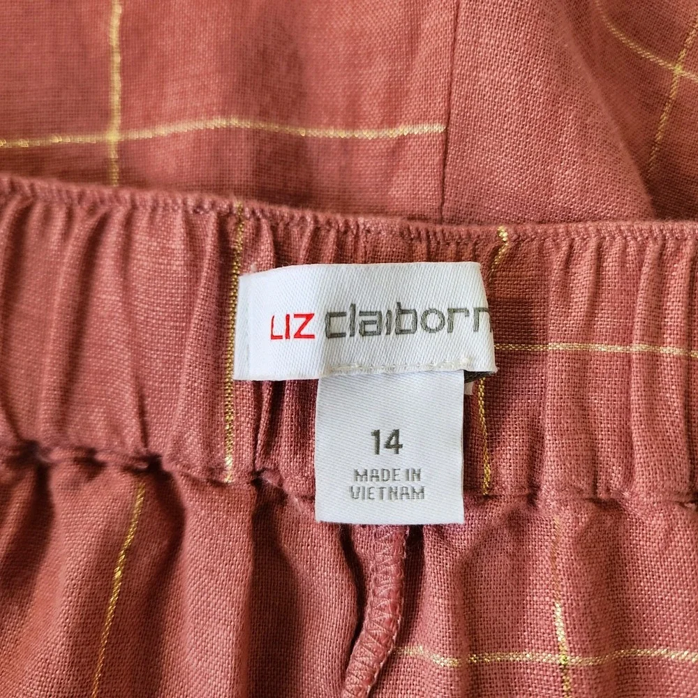 Liz Claiborne Size 14‎ Women's Rose Linen Blend Shorts Windowpane Plaid Summer