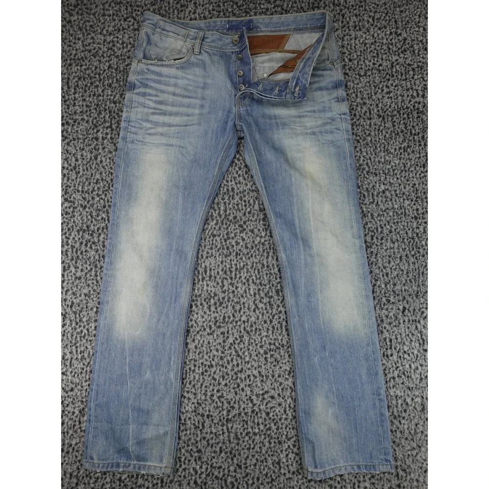 Bershka Straight Leg Jeans Mens 37x31 Light Blue Faded Distressed Button Fly