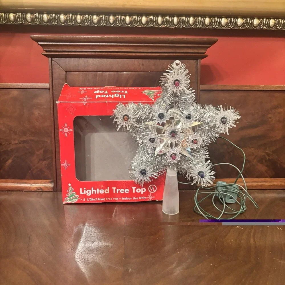 Vintage‎ Lighted Christmas Tree Top Star Silver Tinsel Multicolor Lights Tested