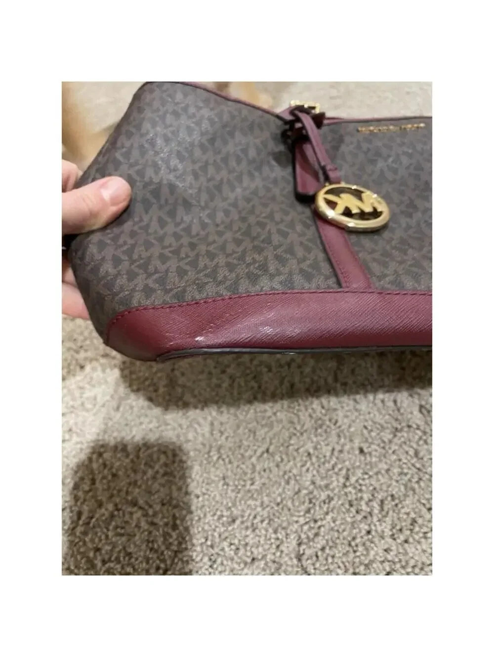 Michael Kors Large Tote Zipped Shoulder Bag Brown Leather Red Accents MK Logo